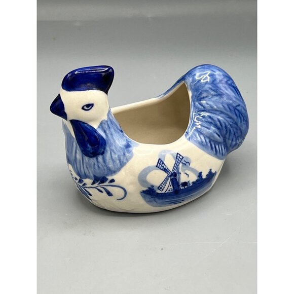 Blue & White Ceramic Dutch Hen Planter 5" Figurine Windmill Design Delft - Picture 5 of 13